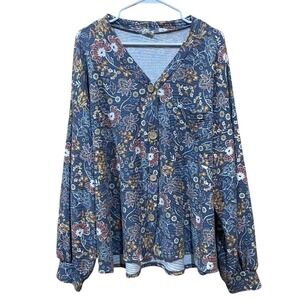Floral BLUE BUTTERCUP Top boho Soft Cozy Oversized SZ large Button detail Blouse